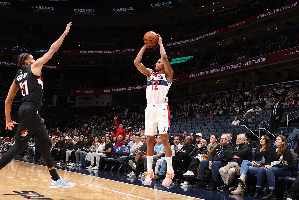 WASHINGTON, DC -  JANUARY 27: Tre Johnson #12 of the Washington Wizards shoots a three point basket during the game against the Portland Trail Blazers on January 27, 2026 at Capital One Arena in Washington, DC. NOTE TO USER: User expressly acknowledges and agrees that, by downloading and or using this Photograph, user is consenting to the terms and conditions of the Getty Images License Agreement. Mandatory Copyright Notice: Copyright 2026 NBAE (Photo by Stephen Gosling/NBAE via Getty Images)