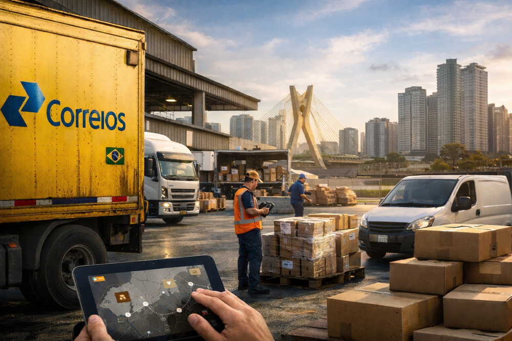 Centro de distribuição no Brasil com caminhão dos Correios, operador logístico escaneando encomendas e veículos de entrega.