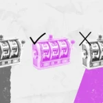 Três máquinas caça-níqueis, duas cinzas laterais com "X" e uma central rosa com "visto", todas destacando combinações vencedoras de número 7.