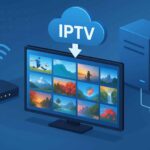IPTV streaming concept with digital TV screen and internet network symbols for online broadcasting